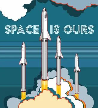 Rocket spaceship launching vector retro style illustration. Vector cartoon sp Stock Illustration