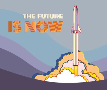 Rocket spaceship launching vector retro style illustration. Vector cartoon sp Stock Illustration