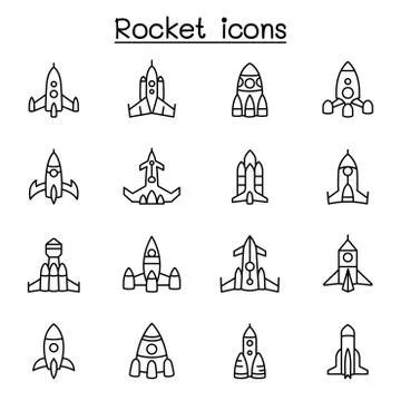 Rocket, spaceship, spacecraft icon set in thin line style イラスト素材