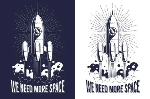 Rocket spaceship takes off in clouds of fire and smoke Illustrazione stock