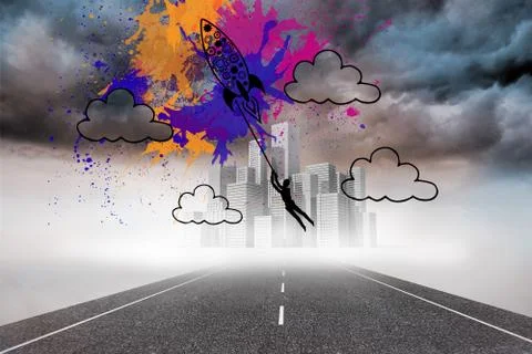 Rocket on splashes over cityscape on street Ilustração Stock