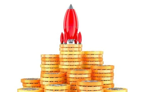 Rocket with stack of golden coins. 3D rendering 库存插图
