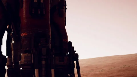 Rocket standing on the surface of Mars during a sunset hour Stock Footage 345064043