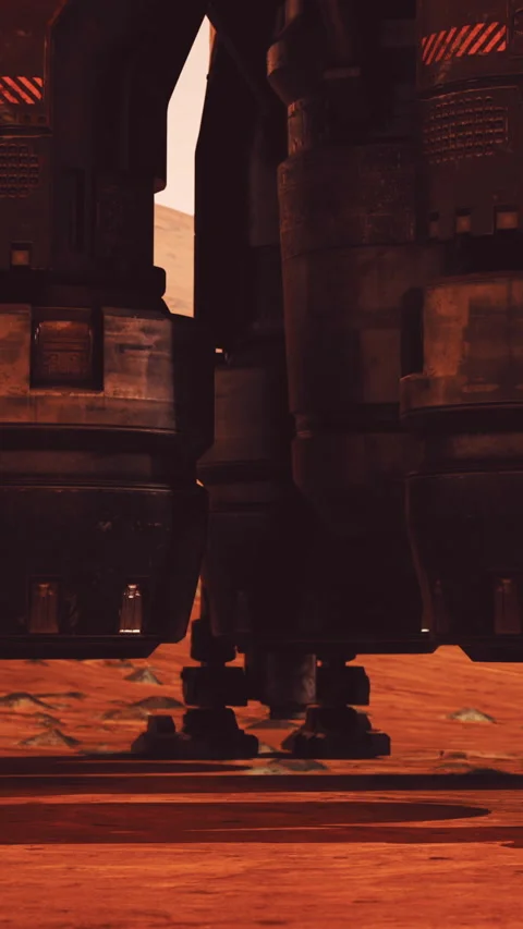 Rocket stands on Martian surface during mission preparations at sunset Stock Footage 339044960