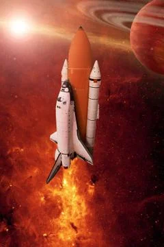 Rocket in the starry outer space with saturn planet. "The elements of this im Foto stock