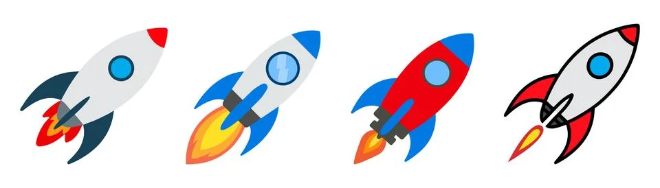Rocket start up cartoon vector icon set Stock Illustration