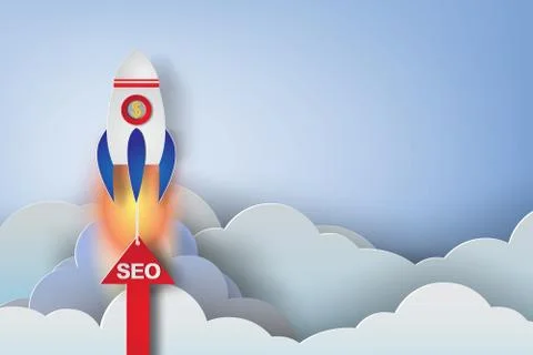 Rocket start up concept idea,paper art style,seo,vector,illustration Illustrazione stock