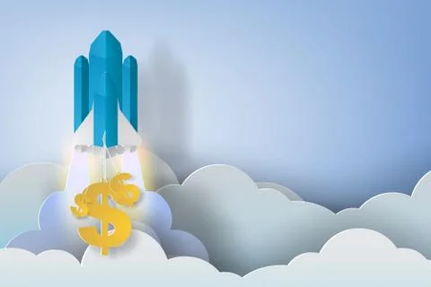 Rocket start up dollar bussiness concept idea,paper art style,vector Ilustración de archivo