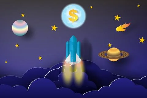 Rocket start up dollar bussiness concept idea,paper art style,space,vector Illustrazione stock