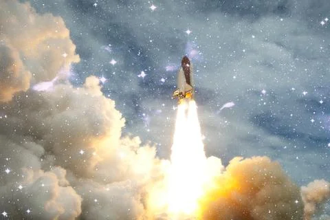 Rocket starts into space. Concept . Spaceship lift off with blast and smoke o Stock Photos