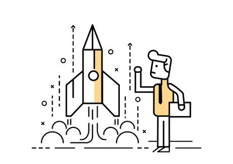 Rocket startup, Businessman control space shuttle. Free Stock Illustration