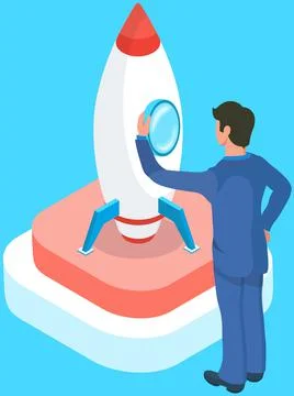 Rocket, startup, development of new projects. Start of program. Work with 库存插图