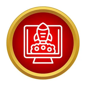 Rocket startup launch icon on computer monitor Illustrazione stock