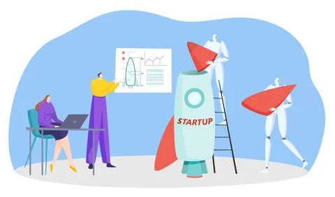 Rocket startup technology with robot, vector illustration, flat business man Stock Illustration