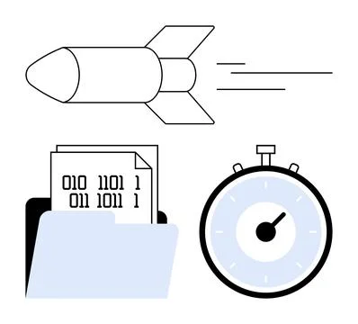 Rocket, Stopwatch, Binary Code Document in File Folder Representing Speed, .. Stock Illustration