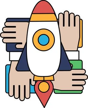A rocket is surrounded by hands, symbolizing teamwork and collaboration Illustrazione stock