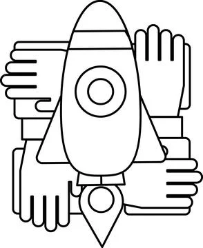 A rocket is surrounded by hands, symbolizing teamwork and collaboration Illustrazione stock