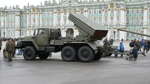 Rocket system "Grad" on the palace square in St. Petersburg Stock Footage 148959311