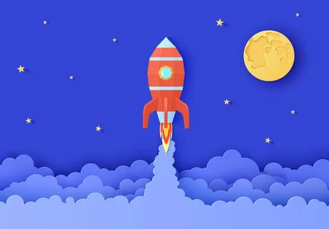 Rocket take off in paper cut style. Night sky with full moon and star and red Stock Illustration