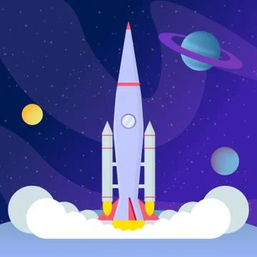 Rocket takeoff, landing flat vector illustration. Cosmos exploration program Stock Illustration