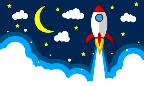Rocket takeoff in the night sky Stock Illustration