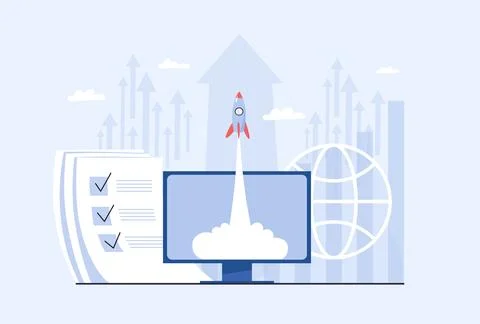 Rocket takes off from computer screen. Startup concept, success and business  Illustrazione stock