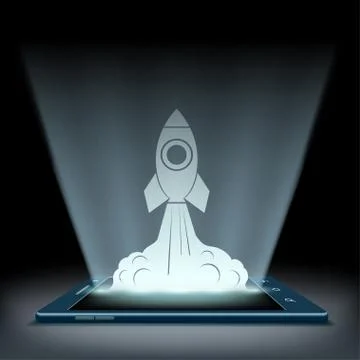 Rocket takes off from the screen of the tablet. Mobile connectio 스톡 일러스트