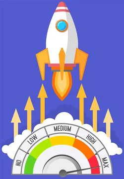 Rocket takes off into sky at high jet speed. Vector spaceship and speedometer Stock Illustration