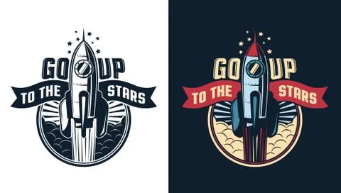 The rocket takes off into space retro logo Stock Illustration