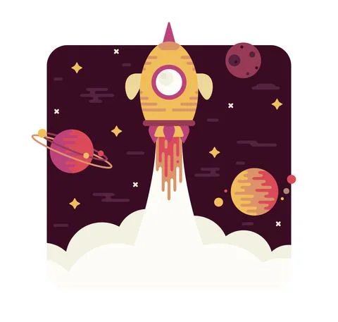 Rocket takes off into space - vector cartoon illustration Stock Illustration