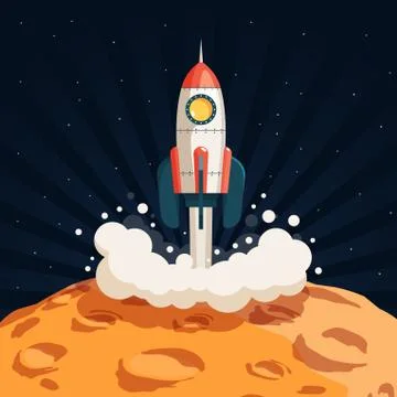 Rocket takes off from the surface of the moon Illustrazione stock