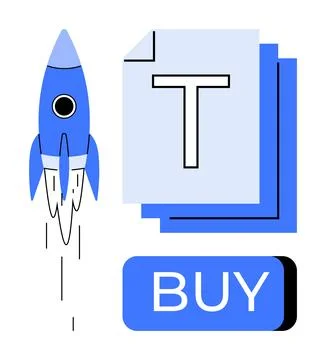 Rocket taking off beside stacked documents with a large T and a prominent blu Stock Illustration
