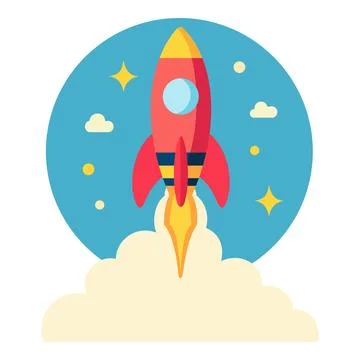 Rocket taking off with fire and smoke, symbolizing new ventures, progress Stock Illustration