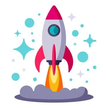 Rocket taking off with flame and smoke, representing new project launch 스톡 일러스트