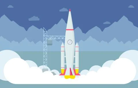 Rocket taking off flat vector illustration. Spaceship takeoff testing, space Stock Illustration