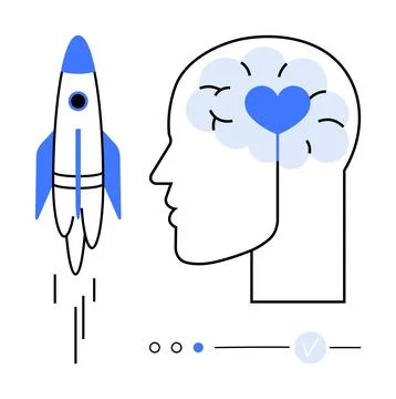 Rocket taking off next to a brain with a heart in it, symbols below. Ideal fo Stock Illustration
