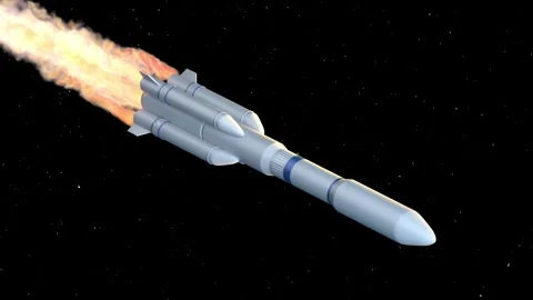 A rocket taking off into outer space with fiery exhaust against dark starry.. Stock Footage 332317019