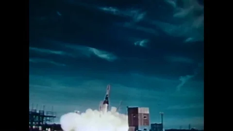 Rocket tests include launches, an explosion and a parachuting capsule, in 1959. Video stock 88552495