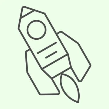 Rocket thin line icon. Cosmic space ship flying with fire outline style Stock Illustration