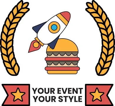 A rocket is on top of a hamburger and the background is a ribbon with stars Stock Illustration