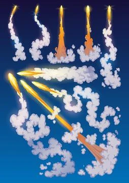 Rocket trail fire smoke set. Spaceship launch with clouds, spaceflight effects Illustrazione stock