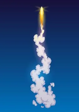Rocket trail fire smoke, spaceship launch with clouds, spaceflight effects Illustrazione stock