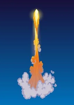 Rocket trail fire smoke, spaceship launch with clouds, spaceflight effects Illustrazione stock