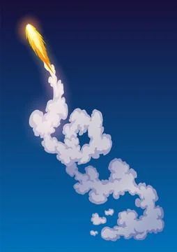 Rocket trail fire smoke, spaceship launch with clouds, spaceflight effects Illustrazione stock