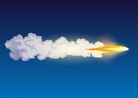 Rocket trail fire smoke, spaceship launch with clouds, spaceflight effects Stock Illustration