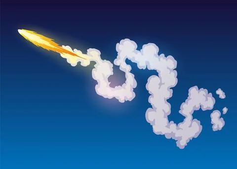 Rocket trail fire smoke, spaceship launch with clouds, spaceflight effects Illustrazione stock