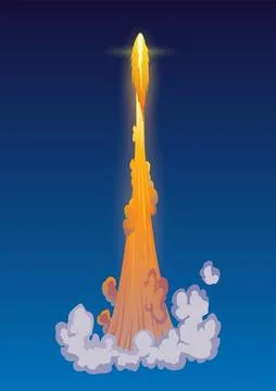 Rocket trail fire smoke, spaceship launch with clouds, spaceflight effects Illustrazione stock