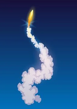 Rocket trail fire smoke, spaceship launch with clouds, spaceflight effects Illustrazione stock