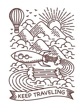 Rocket travel line illustration vector hand drawn Illustrazione stock