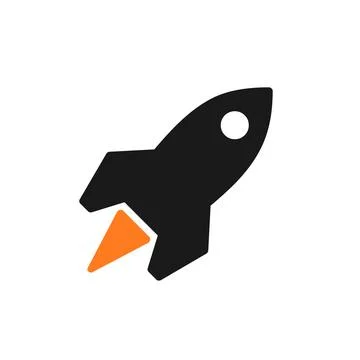 Rocket vector icon. Black rocket with orange flame or fire symbol isolated on Stock Illustration
